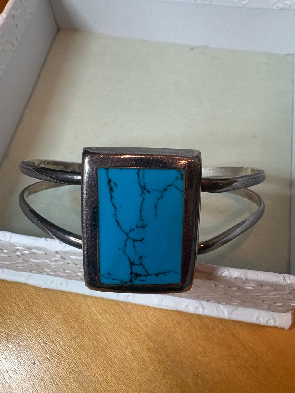 Turquoise Blue Silver Tone Double Wire Cuff Bracelet Southwestern Boho